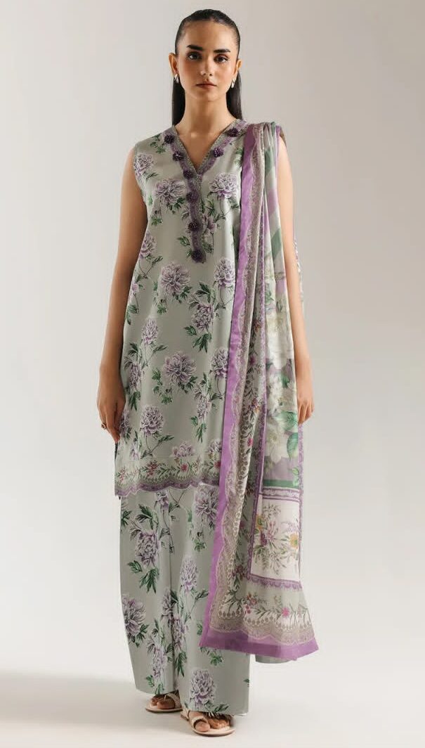 Baroque Premium Unstitched Khaddar 3-Piece Printed Suit– Sage Green