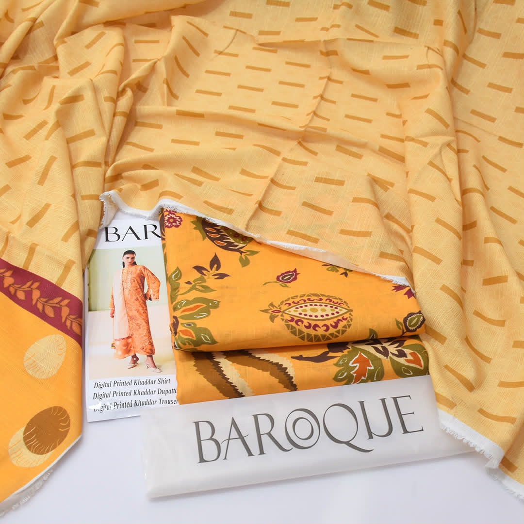 Baroque Premium Unstitched Khaddar 3-Piece Printed Suit– Mustard Gold