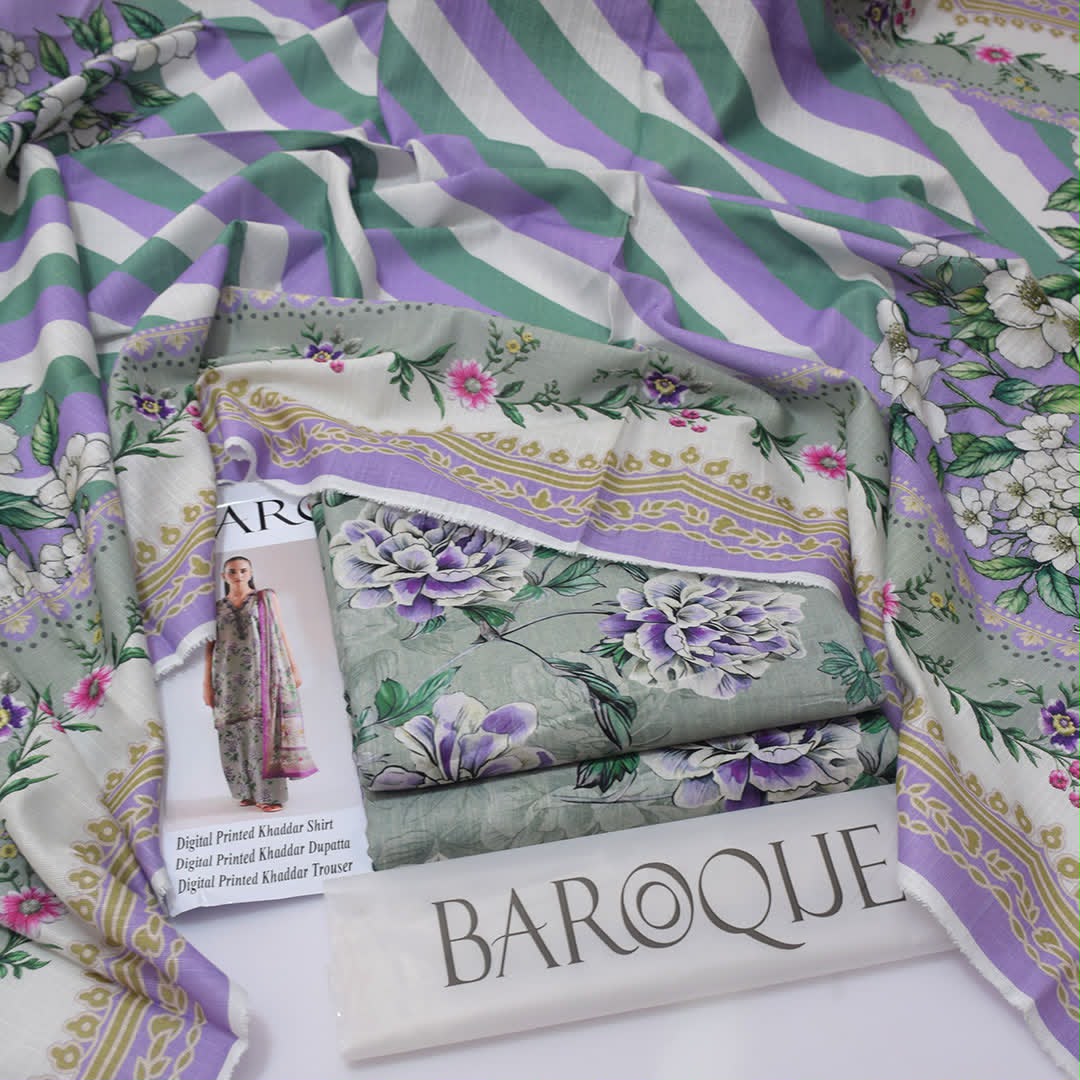 Baroque Premium Unstitched Khaddar 3-Piece Printed Suit– Sage Green