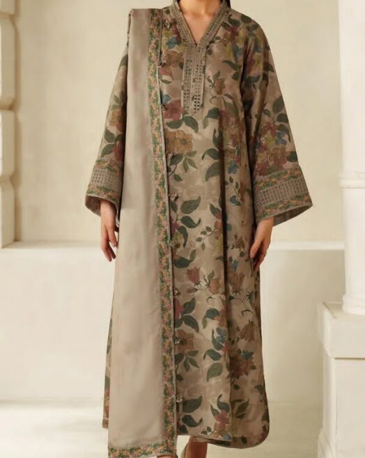 Baroque Premium Unstitched Khaddar 3-Piece Printed Suit– Taupe Brown