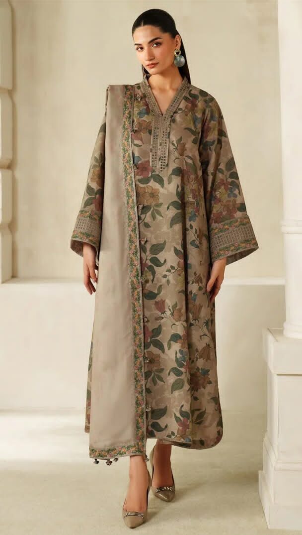 Baroque Premium Unstitched Khaddar 3-Piece Printed Suit– Taupe Brown