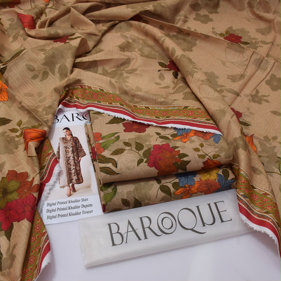 Baroque Premium Unstitched Khaddar 3-Piece Printed Suit– Taupe Brown