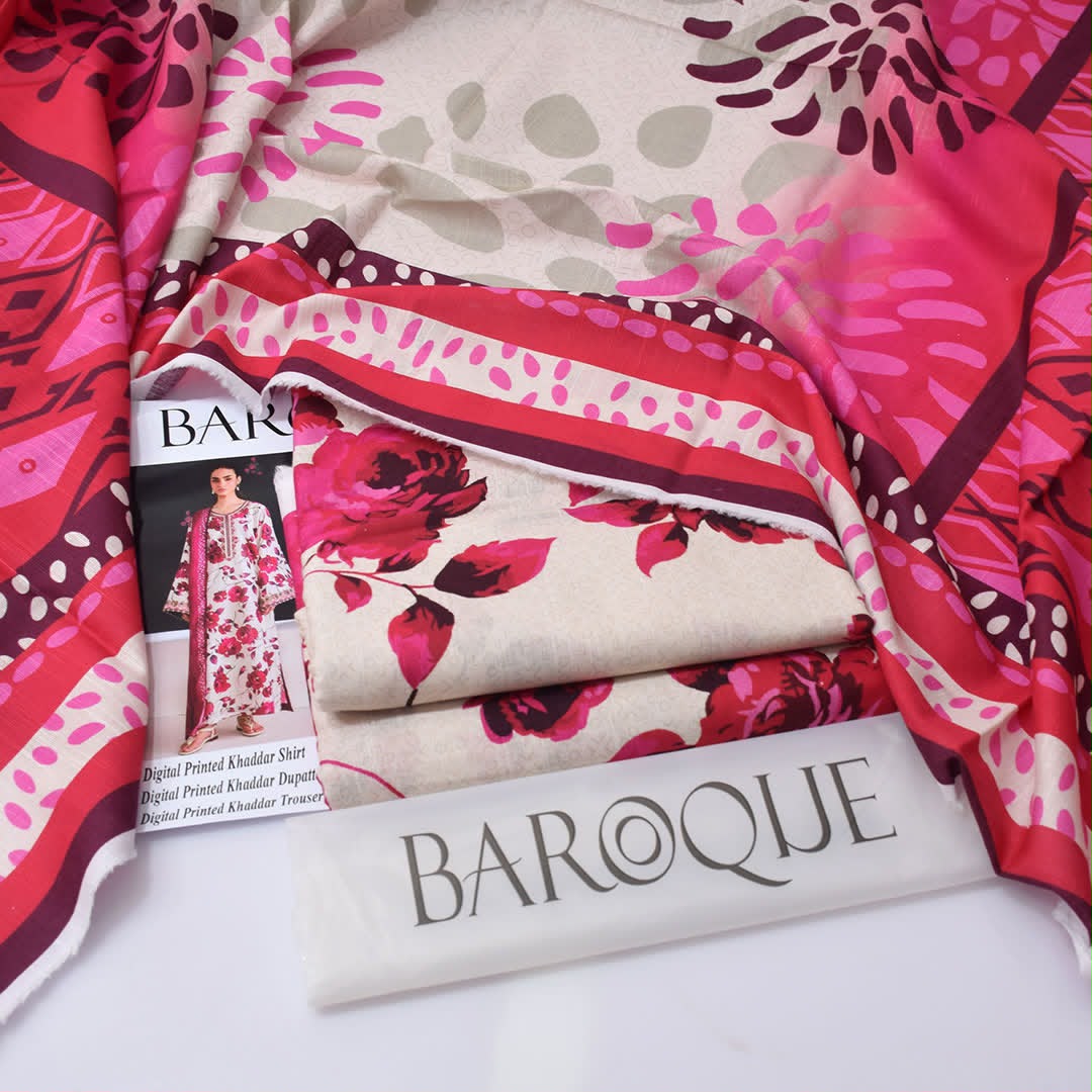 Baroque Premium Unstitched Khaddar 3-Piece Printed Suit– Off-White & Magenta
