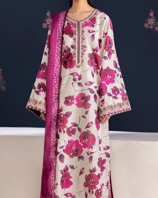 Baroque Premium Unstitched Khaddar 3-Piece Printed Suit– Off-White & Magenta