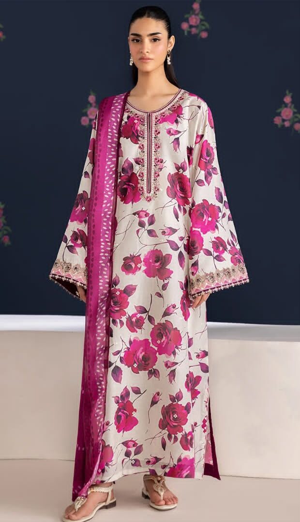Baroque Premium Unstitched Khaddar 3-Piece Printed Suit– Off-White & Magenta