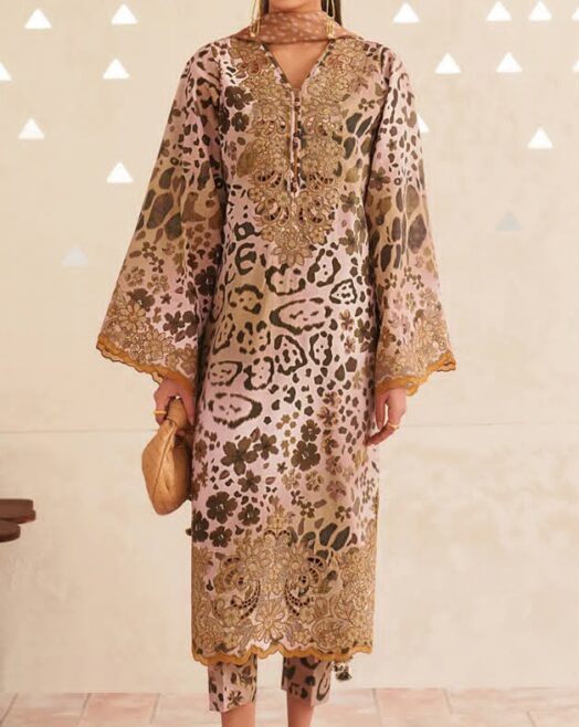 Baroque Premium Unstitched Khaddar 3-Piece Printed Suit– Dusty Pink & Brown