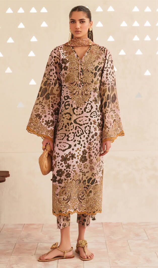Baroque Premium Unstitched Khaddar 3-Piece Printed Suit– Dusty Pink & Brown