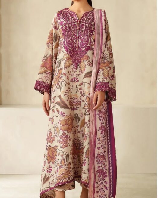 Baroque Premium Unstitched Khaddar 3-Piece Printed Suit– Beige & Magenta