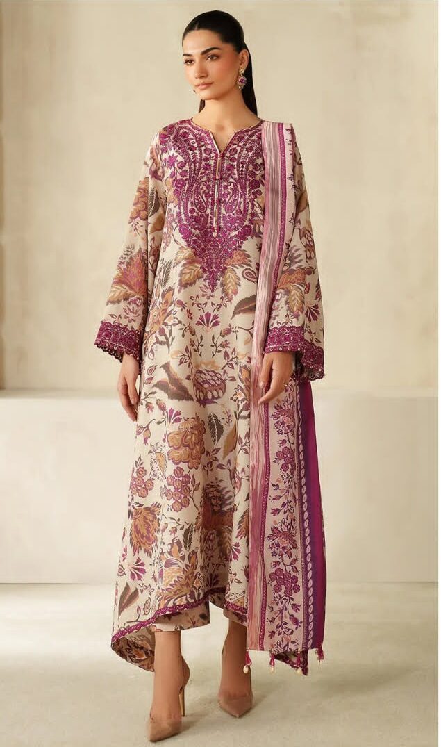 Baroque Premium Unstitched Khaddar 3-Piece Printed Suit– Beige & Magenta