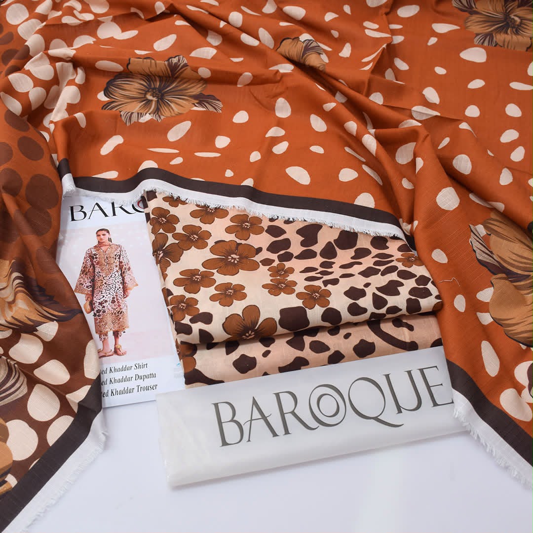 Baroque Premium Unstitched Khaddar 3-Piece Printed Suit– Dusty Pink & Brown