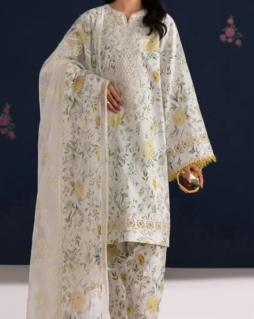 Baroque Premium Unstitched Khaddar 3 Piece Printed Suit– Off-White & Yellow
