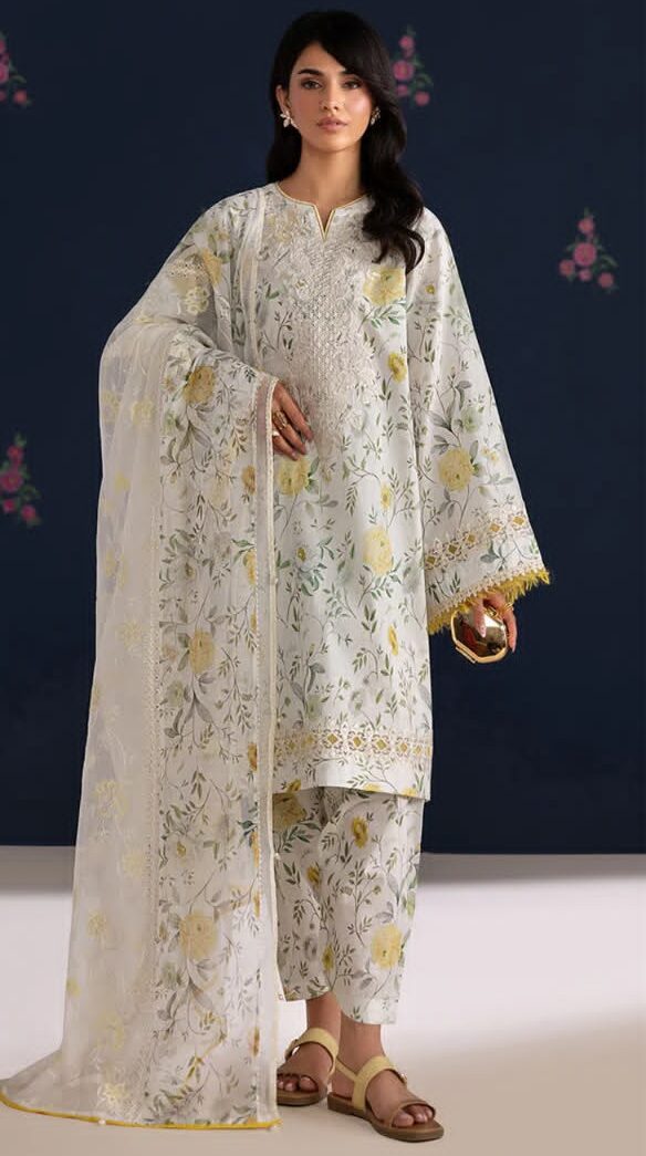 Baroque Premium Unstitched Khaddar 3 Piece Printed Suit– Off-White & Yellow