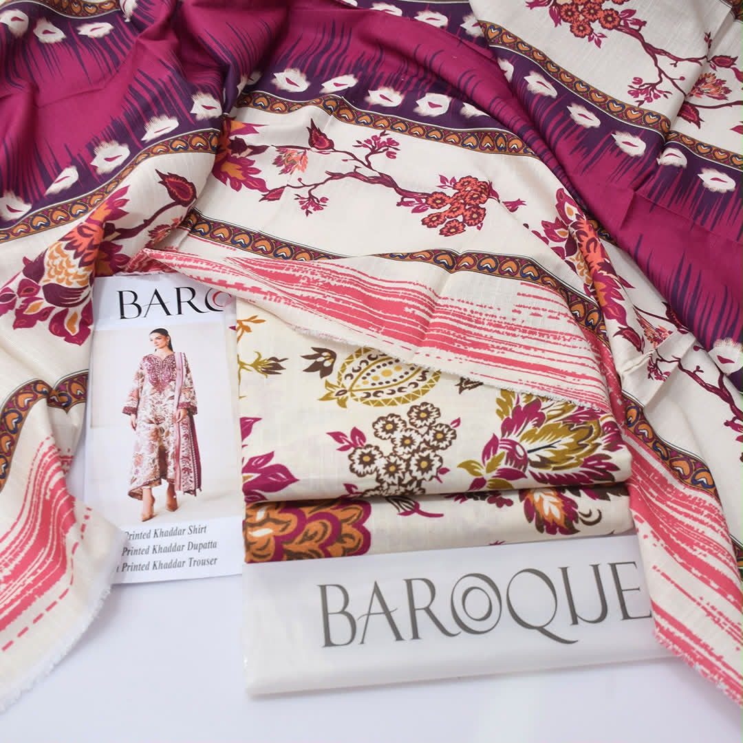 Baroque Premium Unstitched Khaddar 3-Piece Printed Suit– Beige & Magenta