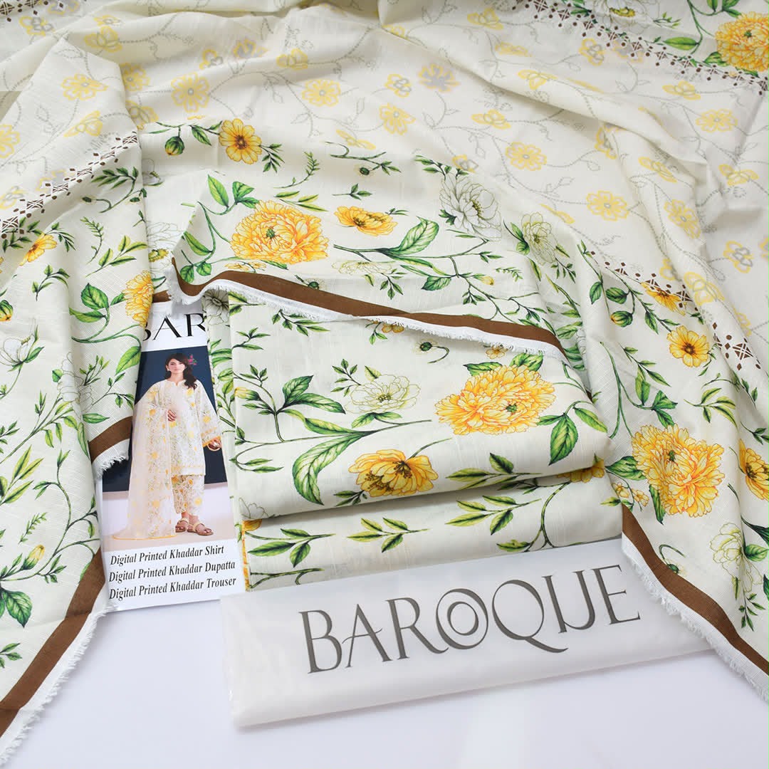 Baroque Premium Unstitched Khaddar 3 Piece Printed Suit– Off-White & Yellow