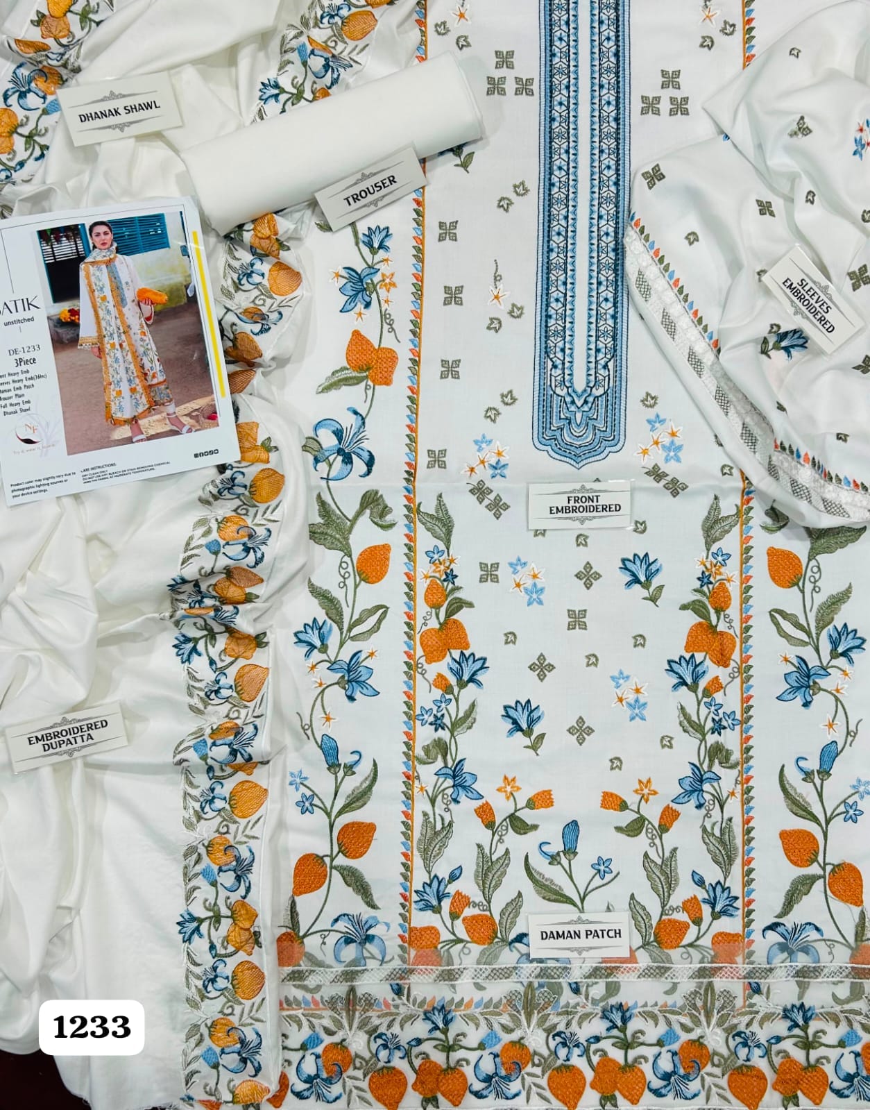 Batik Premium Unstitched 3 Piece Heavy Embroidered Dhanak Suit– Off-White