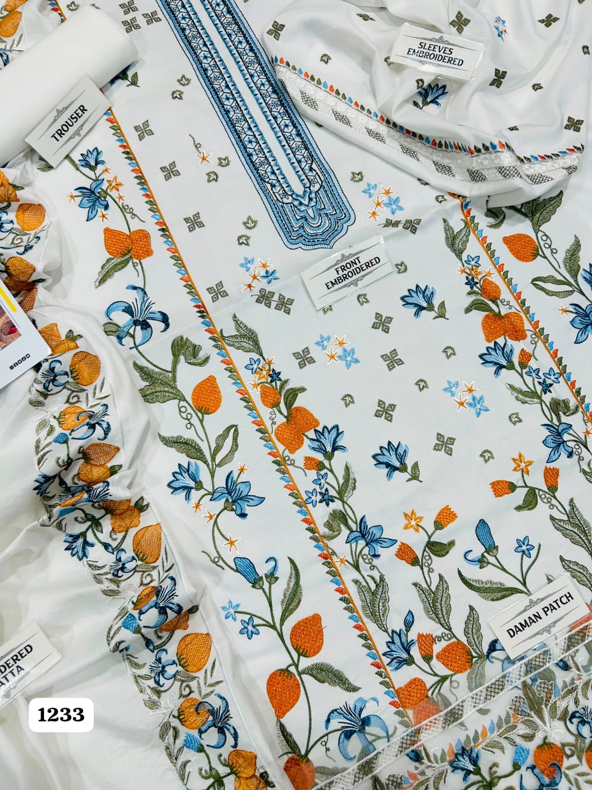 Batik Premium Unstitched 3 Piece Heavy Embroidered Dhanak Suit– Off-White