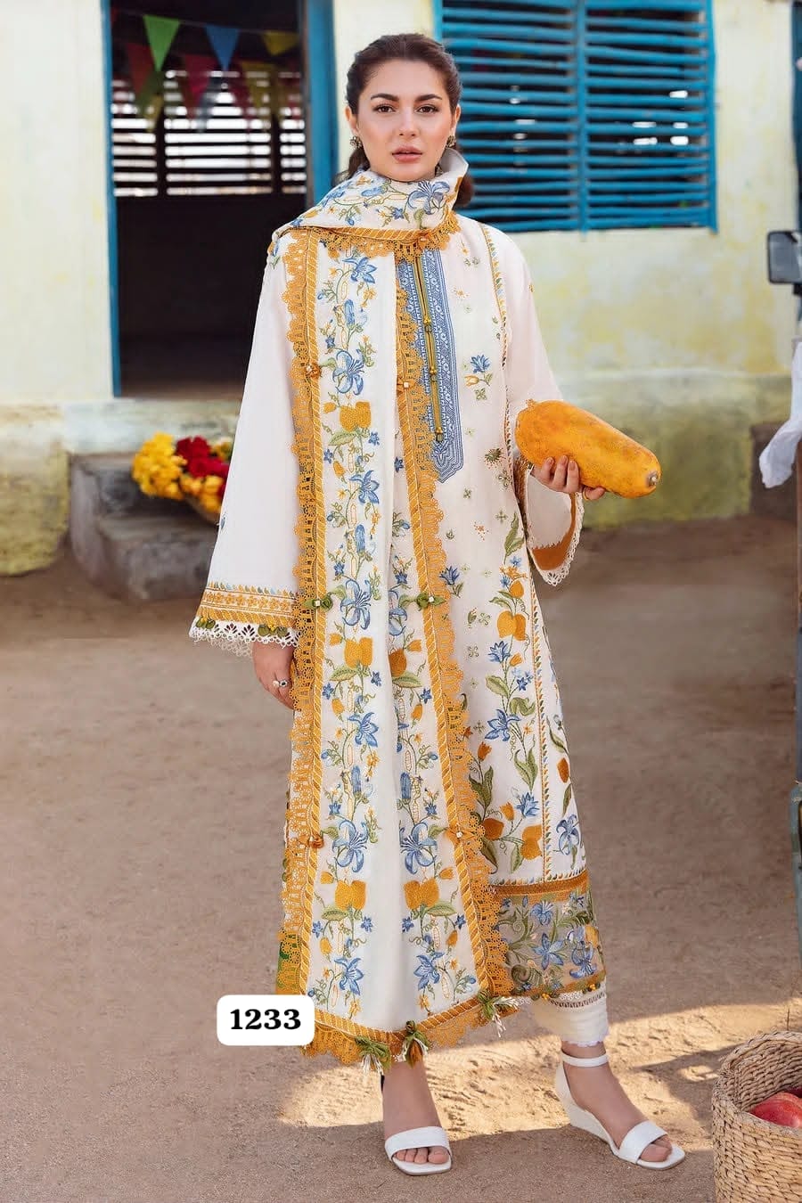 Batik Premium Unstitched 3 Piece Heavy Embroidered Dhanak Suit– Off-White