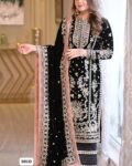 Aneelas Premium Unstitched Velvet 3 Piece Heavy Embroidered Formal Suit– Black & Blue