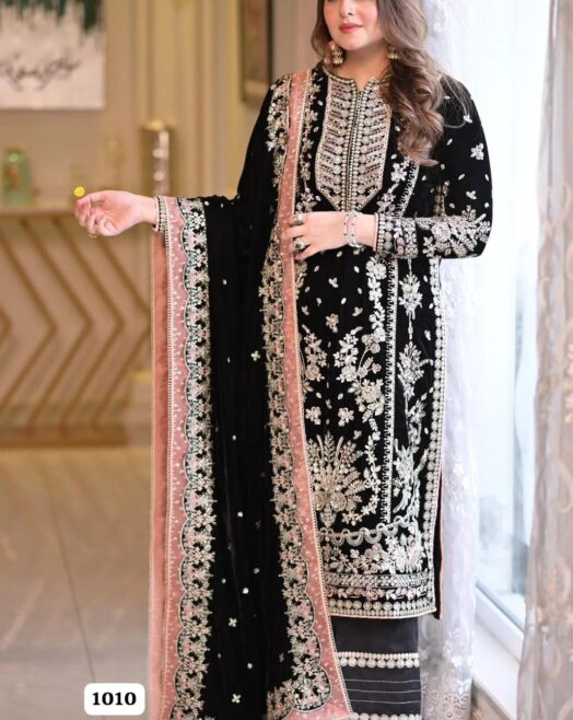 Aneelas Premium Unstitched Velvet 3 Piece Heavy Embroidered Formal Suit– Black & Blue