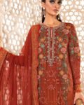 Maria.B Premium Unstitched Chiffon 3 Piece Heavy Embroidered Formal Suit– Rust Orange