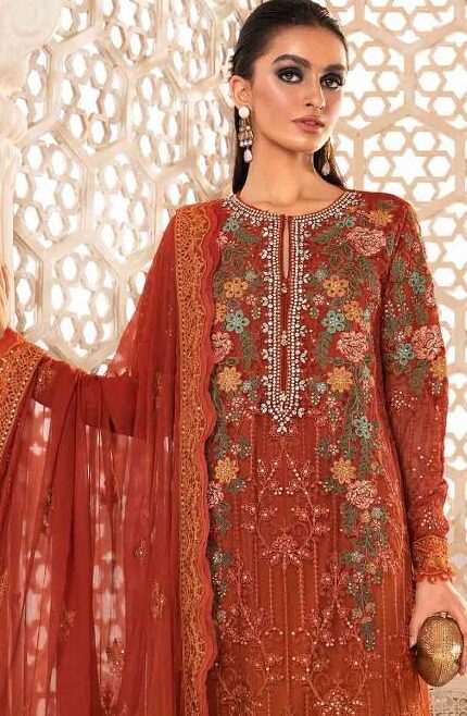 Maria.B Premium Unstitched Chiffon 3 Piece Heavy Embroidered Formal Suit– Rust Orange