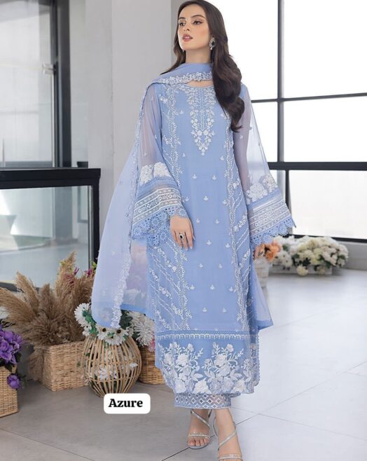 Azure Premium Unstitched Organza 3 Piece Embroidered Formal Suit– Sky Blue