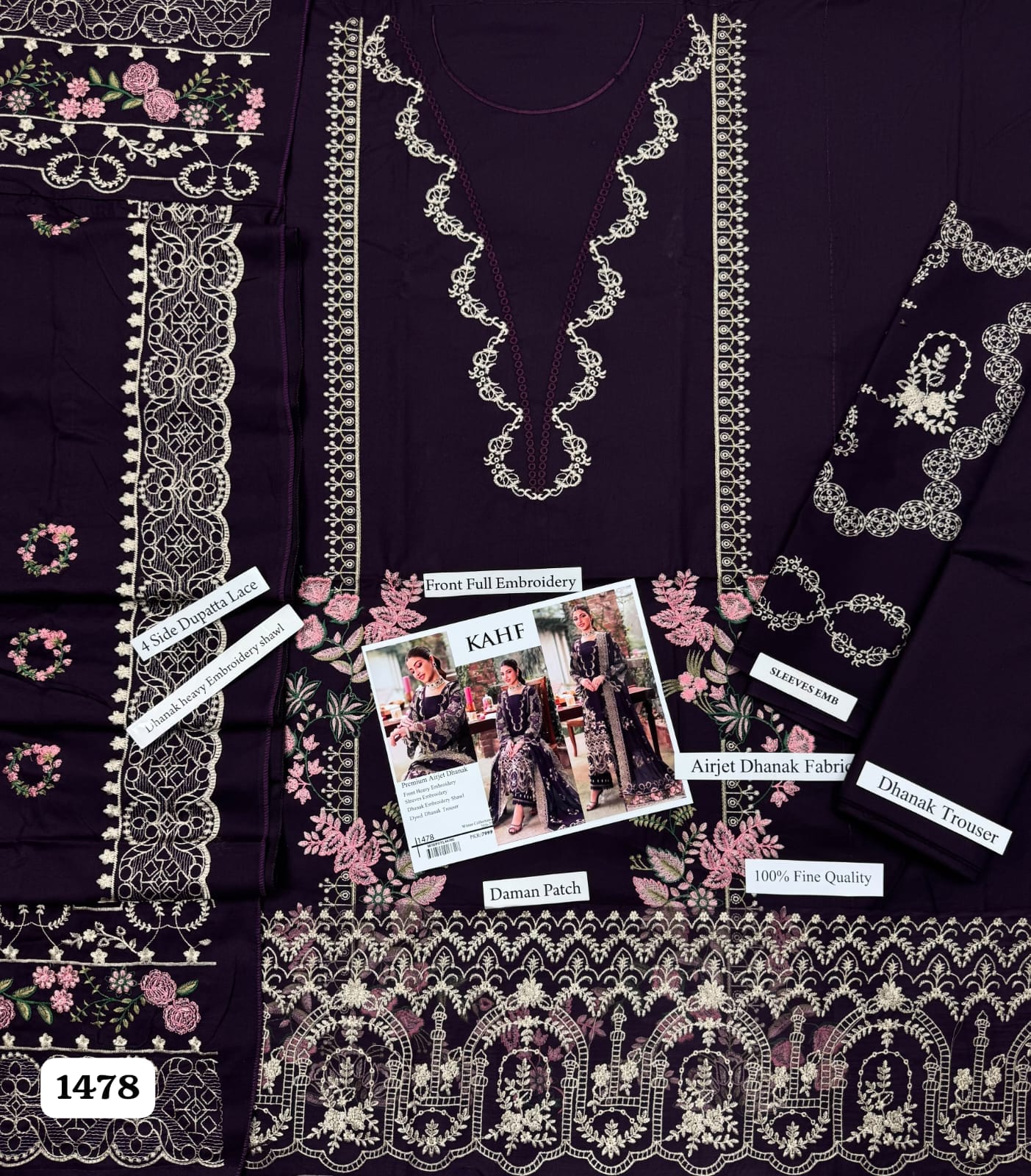 Kahf Premium Unstitched 3 Piece Heavy Embroidered Dhanak Suit– Deep Plum