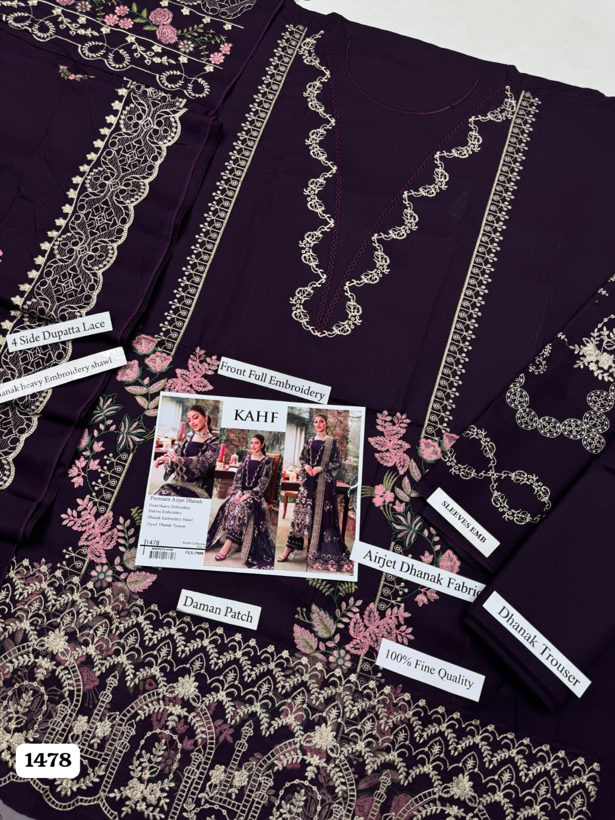 Kahf Premium Unstitched 3 Piece Heavy Embroidered Dhanak Suit– Deep Plum