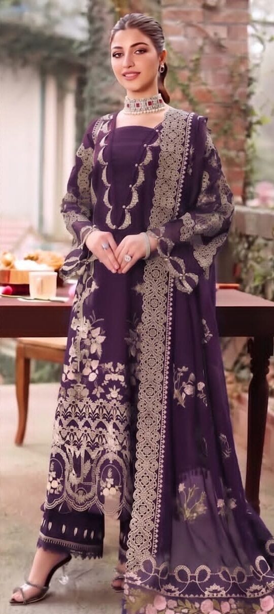 Kahf Premium Unstitched 3 Piece Heavy Embroidered Dhanak Suit– Deep Plum