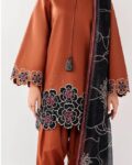Jazmin Premium Unstitched 3 Piece Embroidered Dhanak Suit– Charcoal Black & Ivory