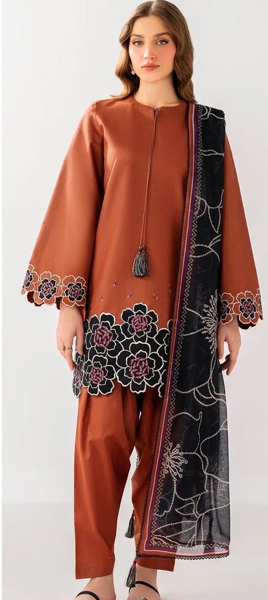 Jazmin Premium Unstitched 3 Piece Embroidered Dhanak Suit– Charcoal Black & Ivory