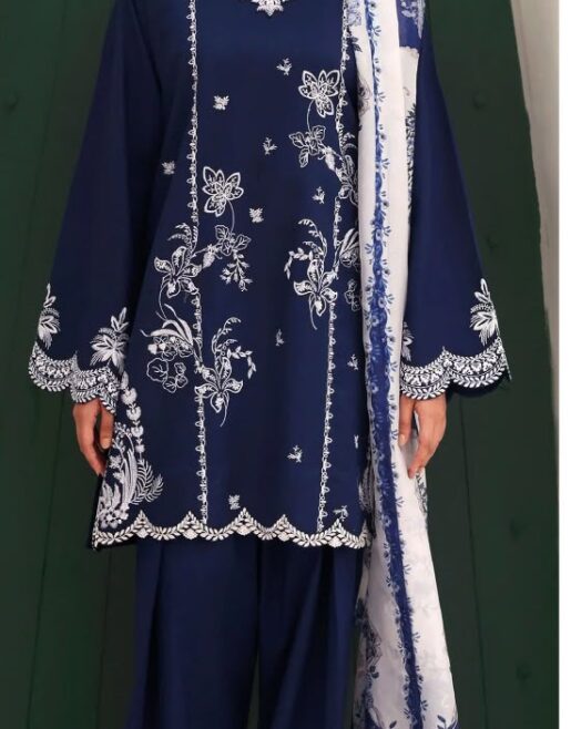Premium Unstitched 3 Piece Embroidered Dhanak Suit– Navy Blue & White