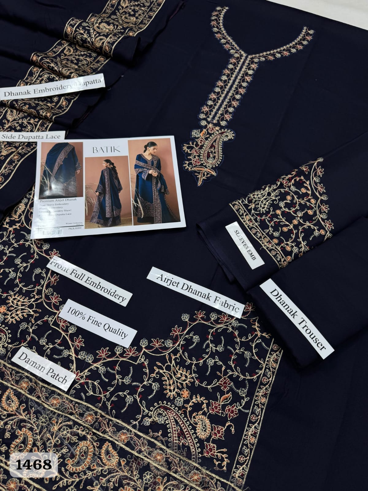 Batik Premium Unstitched 3 Piece Heavy Embroidered Dhanak Suit– Navy Blue