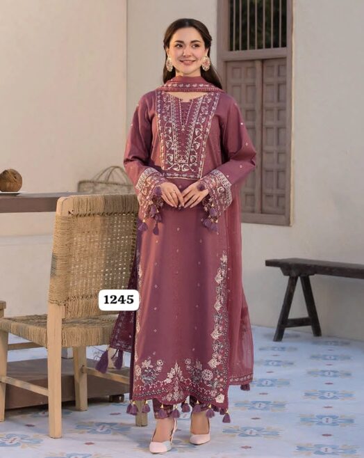 Asim Jofa Premium Unstitched 3 Piece Heavy Embroidered Dhanak Suit– Mauve Pink