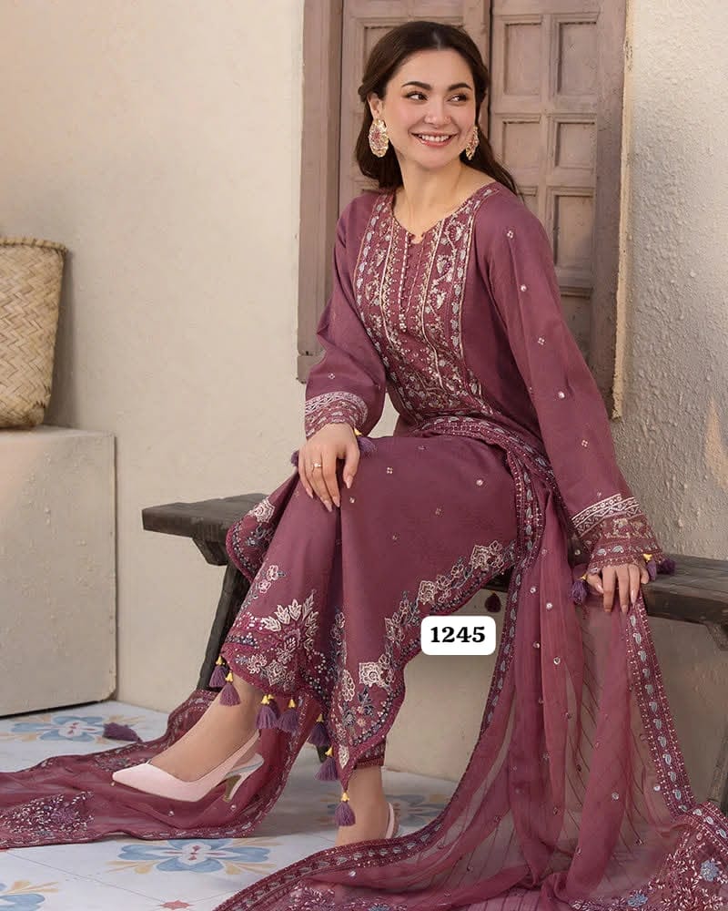 Asim Jofa Premium Unstitched 3 Piece Heavy Embroidered Dhanak Suit– Mauve Pink