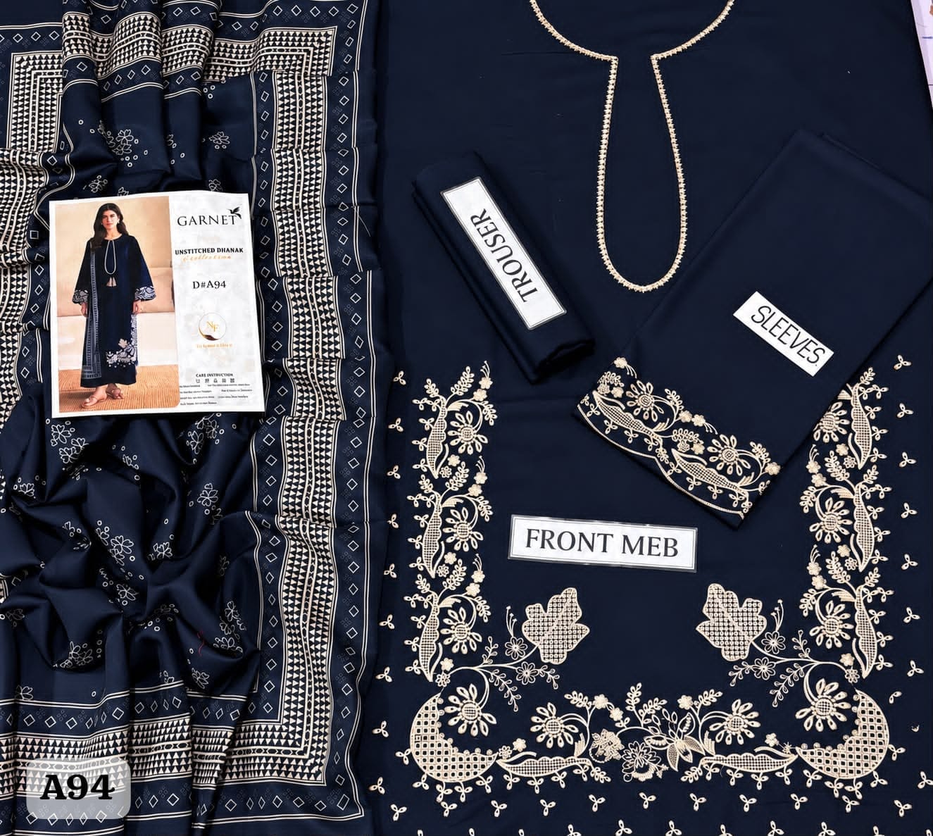 Unstitched 3-Piece Heavy Embroidered Dhanak Suit– Navy Blue & Purple