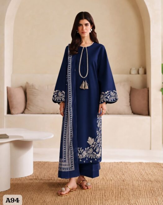 Unstitched 3-Piece Heavy Embroidered Dhanak Suit– Navy Blue & Purple