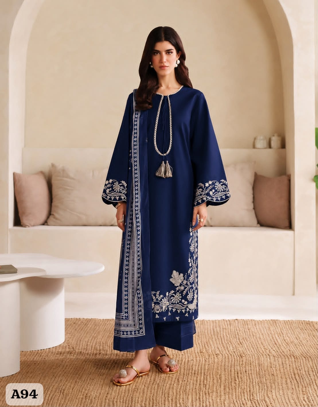 Unstitched 3-Piece Heavy Embroidered Dhanak Suit– Navy Blue & Purple