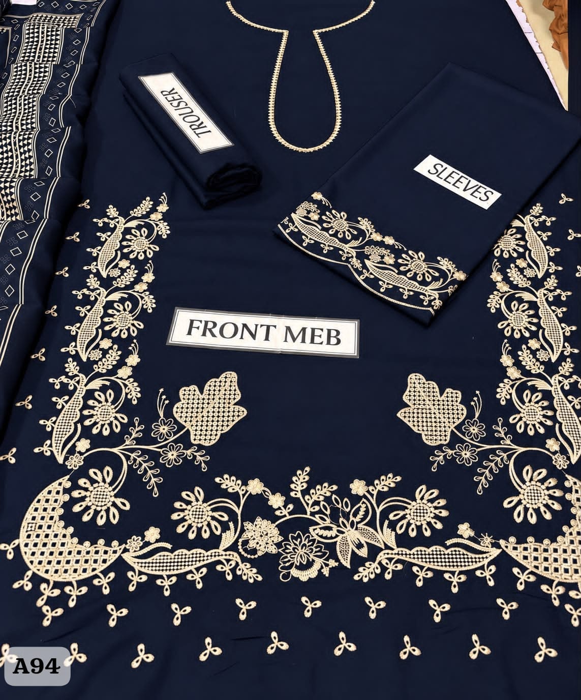 Unstitched 3-Piece Heavy Embroidered Dhanak Suit– Navy Blue & Purple
