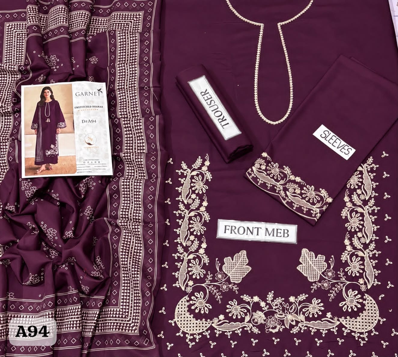 Unstitched 3-Piece Heavy Embroidered Dhanak Suit– Navy Blue & Purple