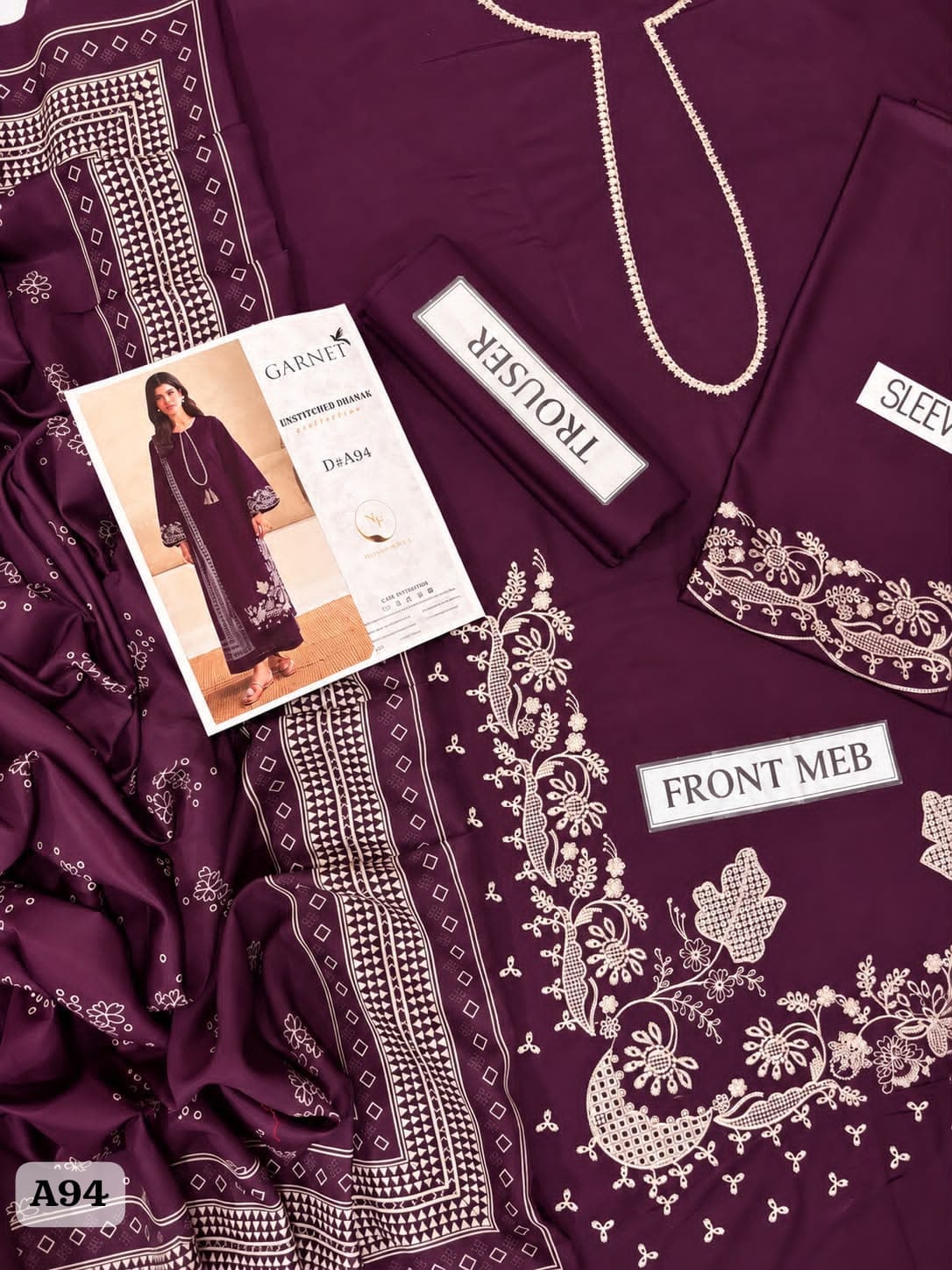 Unstitched 3-Piece Heavy Embroidered Dhanak Suit– Navy Blue & Purple