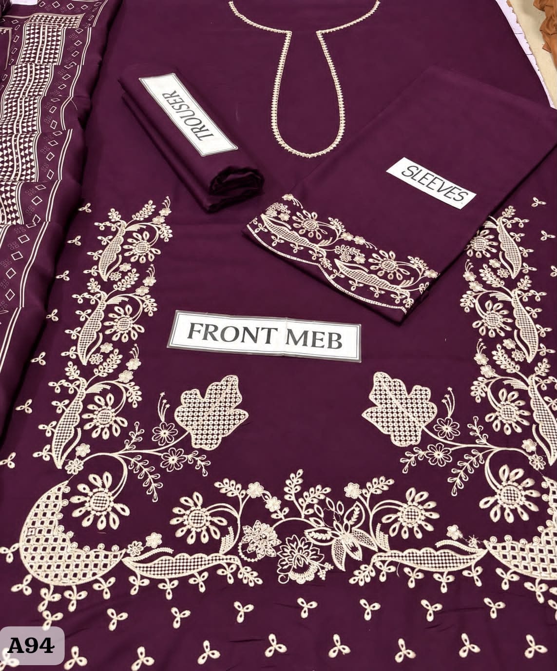 Unstitched 3-Piece Heavy Embroidered Dhanak Suit– Navy Blue & Purple