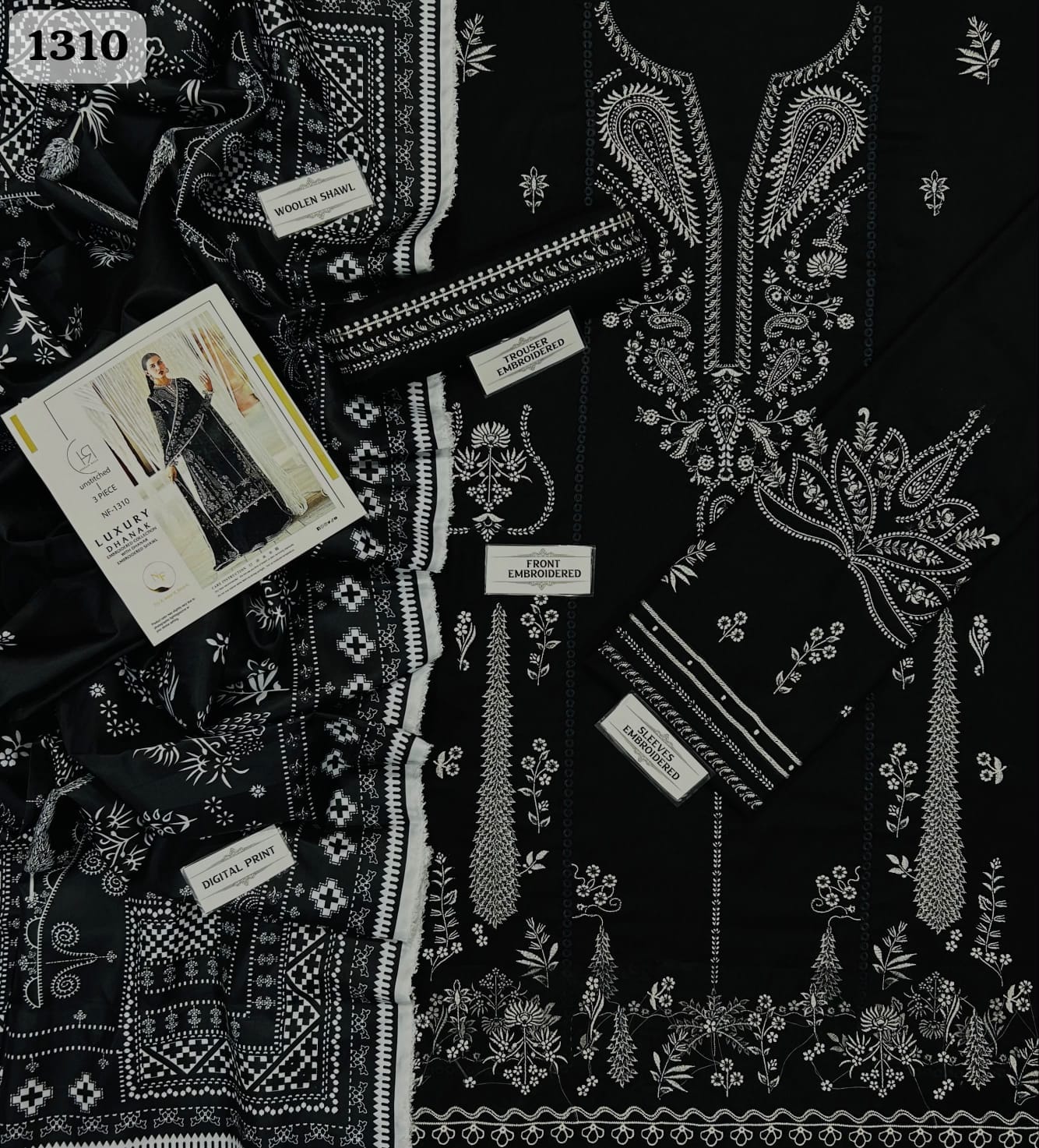 Unstitched 3 Piece Heavy Embroidered Dhanak Suit– Black - Hussain Rehar