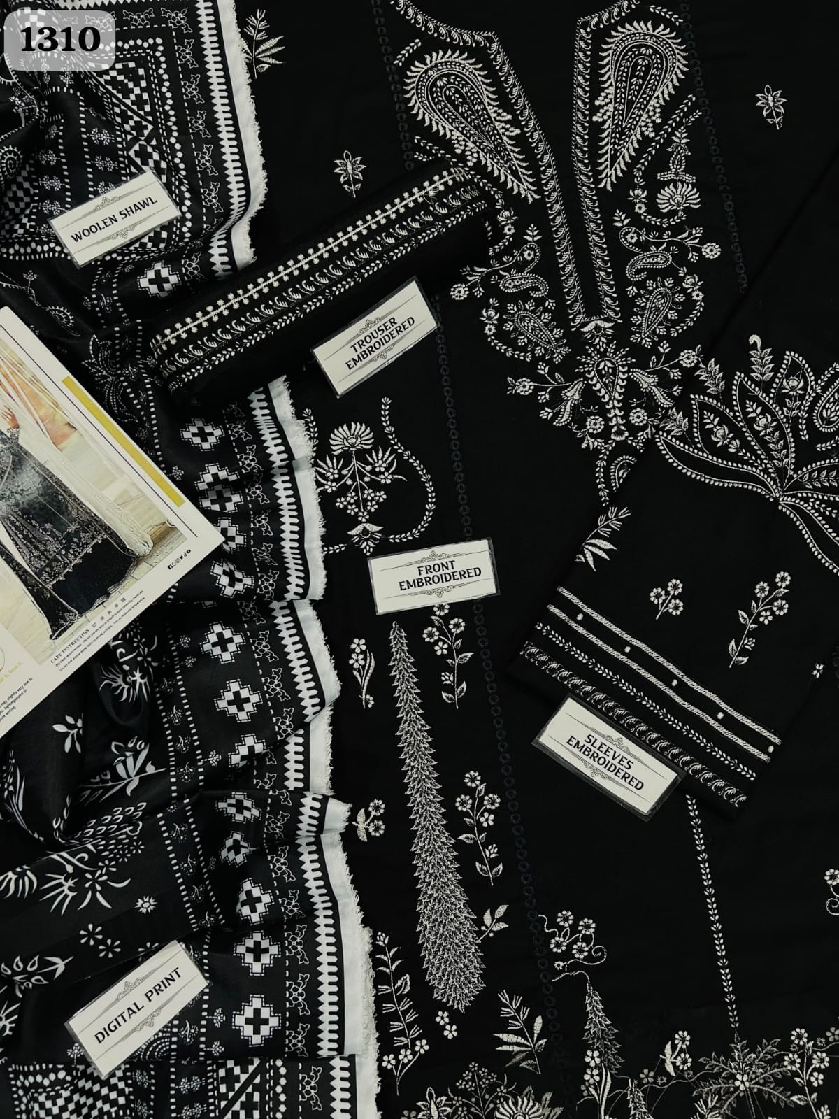 Unstitched 3 Piece Heavy Embroidered Dhanak Suit– Black - Hussain Rehar