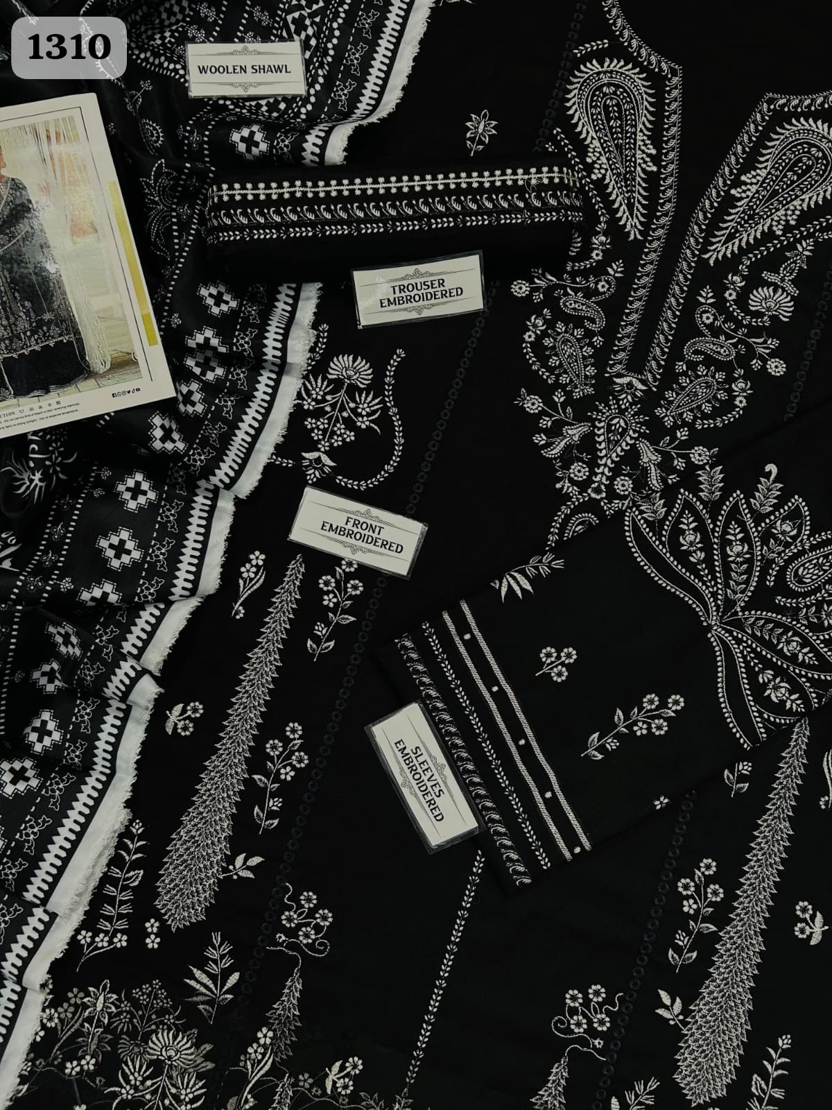 Unstitched 3 Piece Heavy Embroidered Dhanak Suit– Black - Hussain Rehar