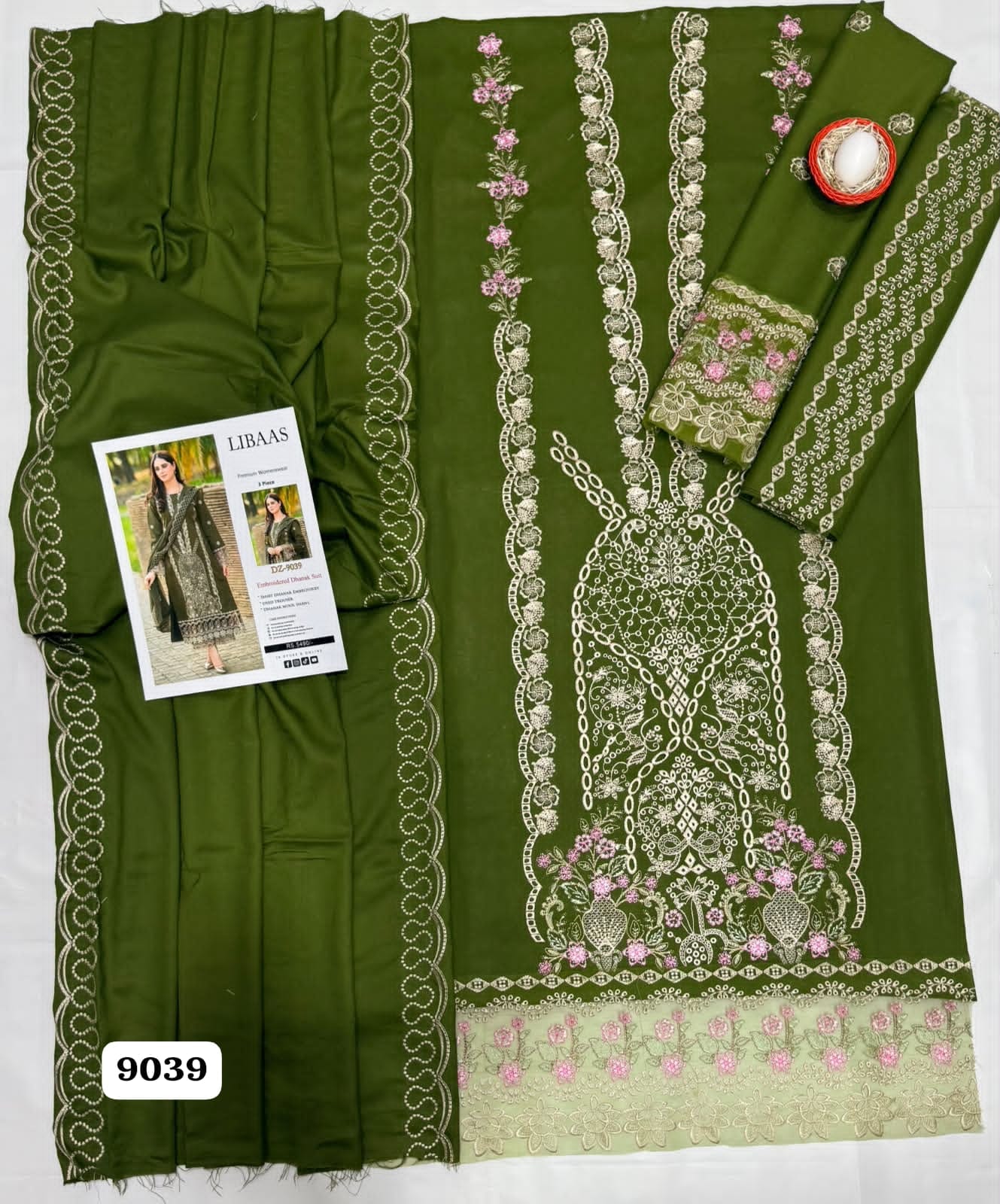 Unstitched 3 Piece Chikankari Embroidered Dhanak Suit – Olive Green