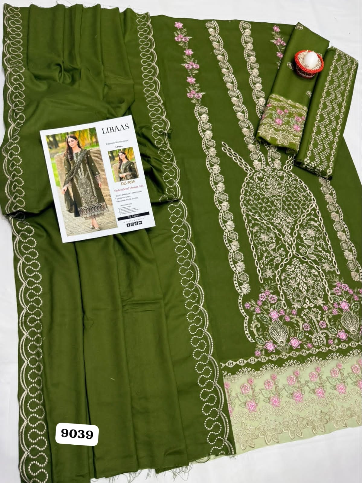 Unstitched 3 Piece Chikankari Embroidered Dhanak Suit – Olive Green