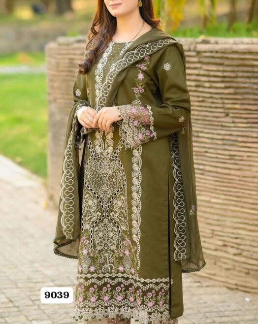 Unstitched 3 Piece Chikankari Embroidered Dhanak Suit – Olive Green