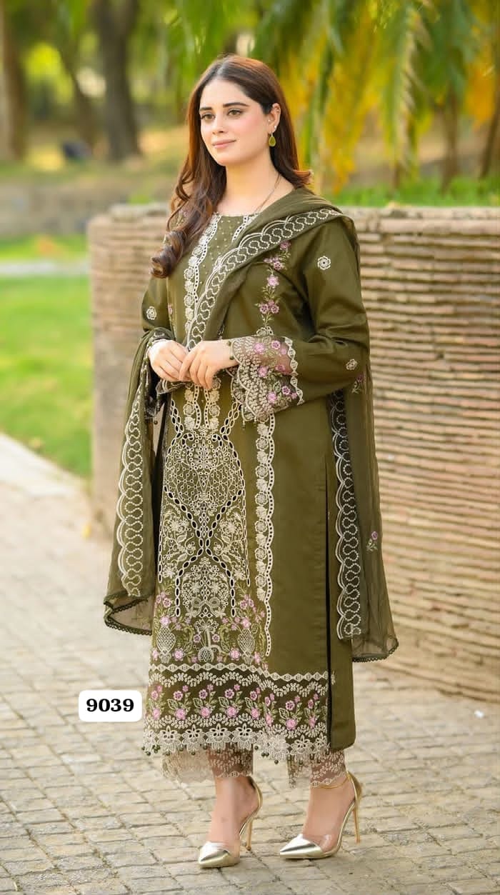 Unstitched 3 Piece Chikankari Embroidered Dhanak Suit – Olive Green