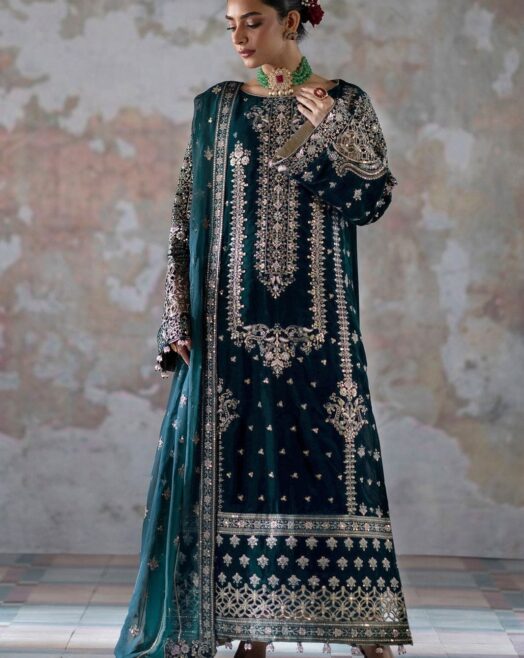 Unstitched 3 Piece Heavy Embroidered Velvet Suit – Zink Blue